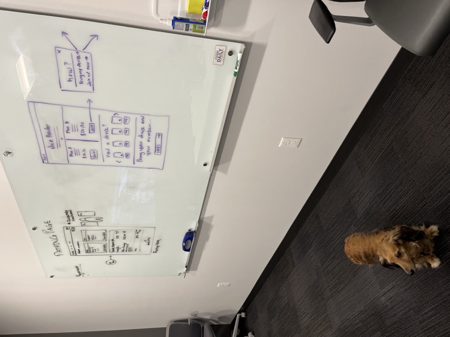 Hand-drawn wireframe sketch on a whiteboard